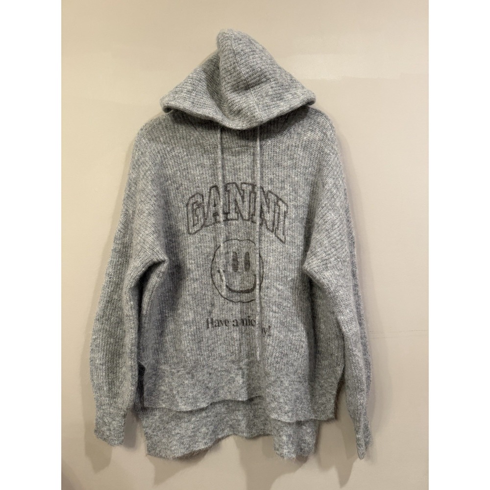Ganni Melange Printed Hoodie Sweater Large Mohair Smiley Wool